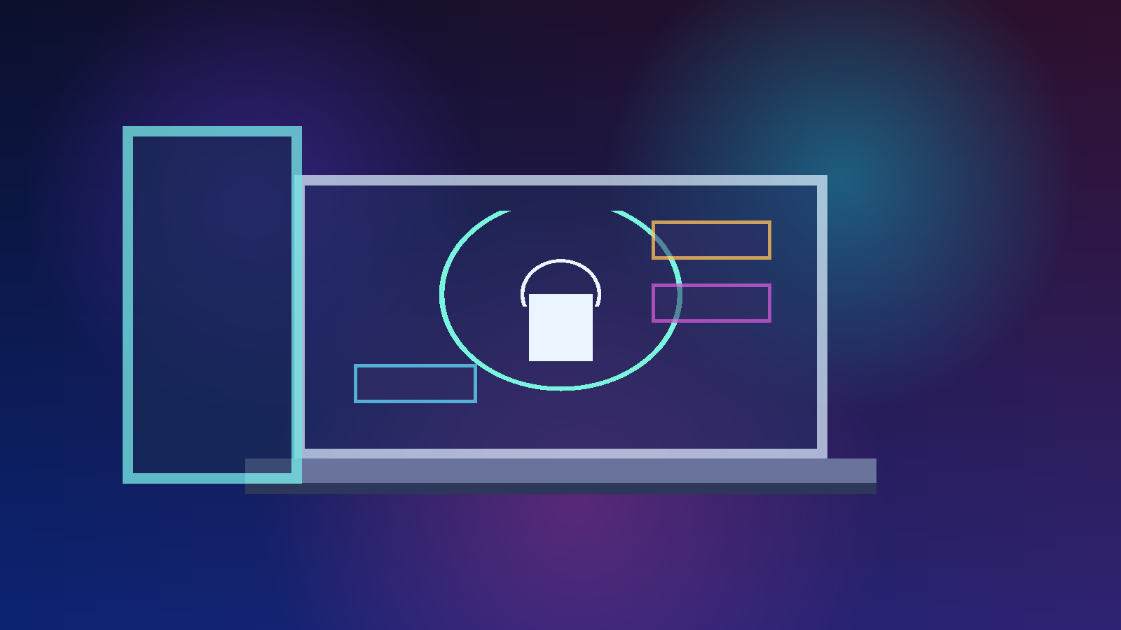 Abstract non-explicit phone and laptop privacy dashboard with a lock shield for shared-device adult creator subscription safety.