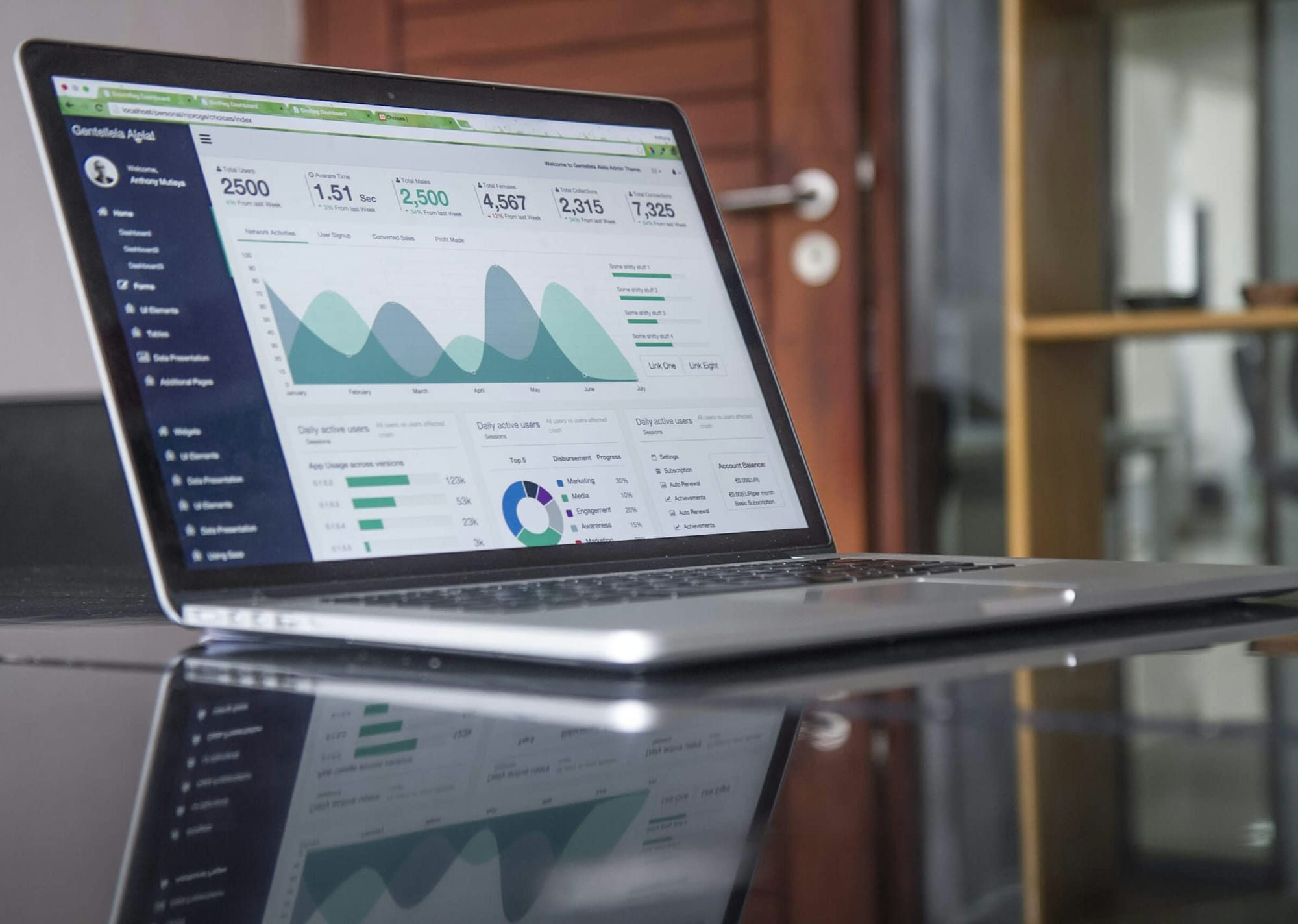 A silver laptop on a glossy black desk, screen showing an analytics dashboard with numeric tiles, charts, an account-balance panel, and a Basic Subscription line
