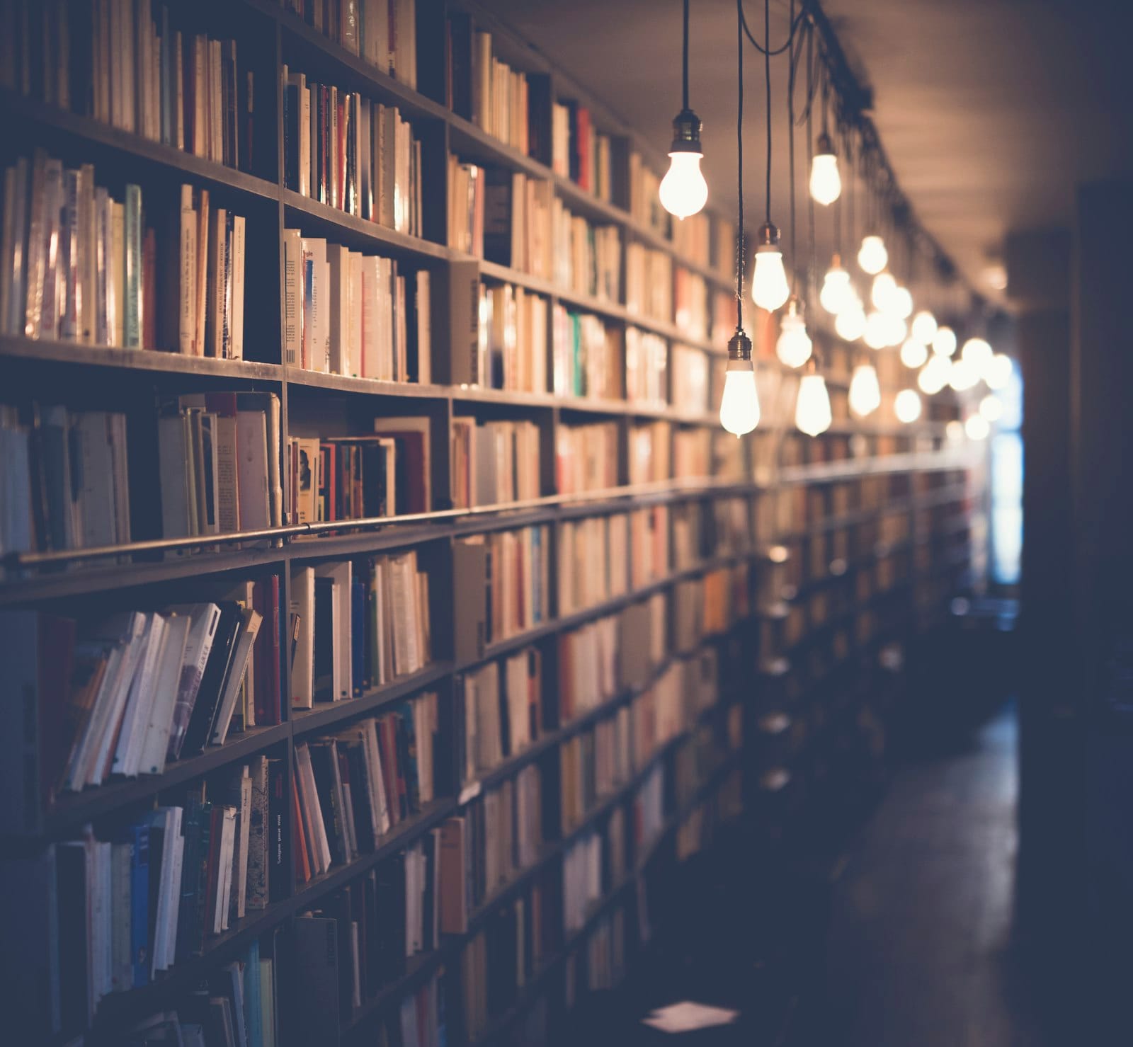 Library aisle with packed shelves and hanging warm light bulbs