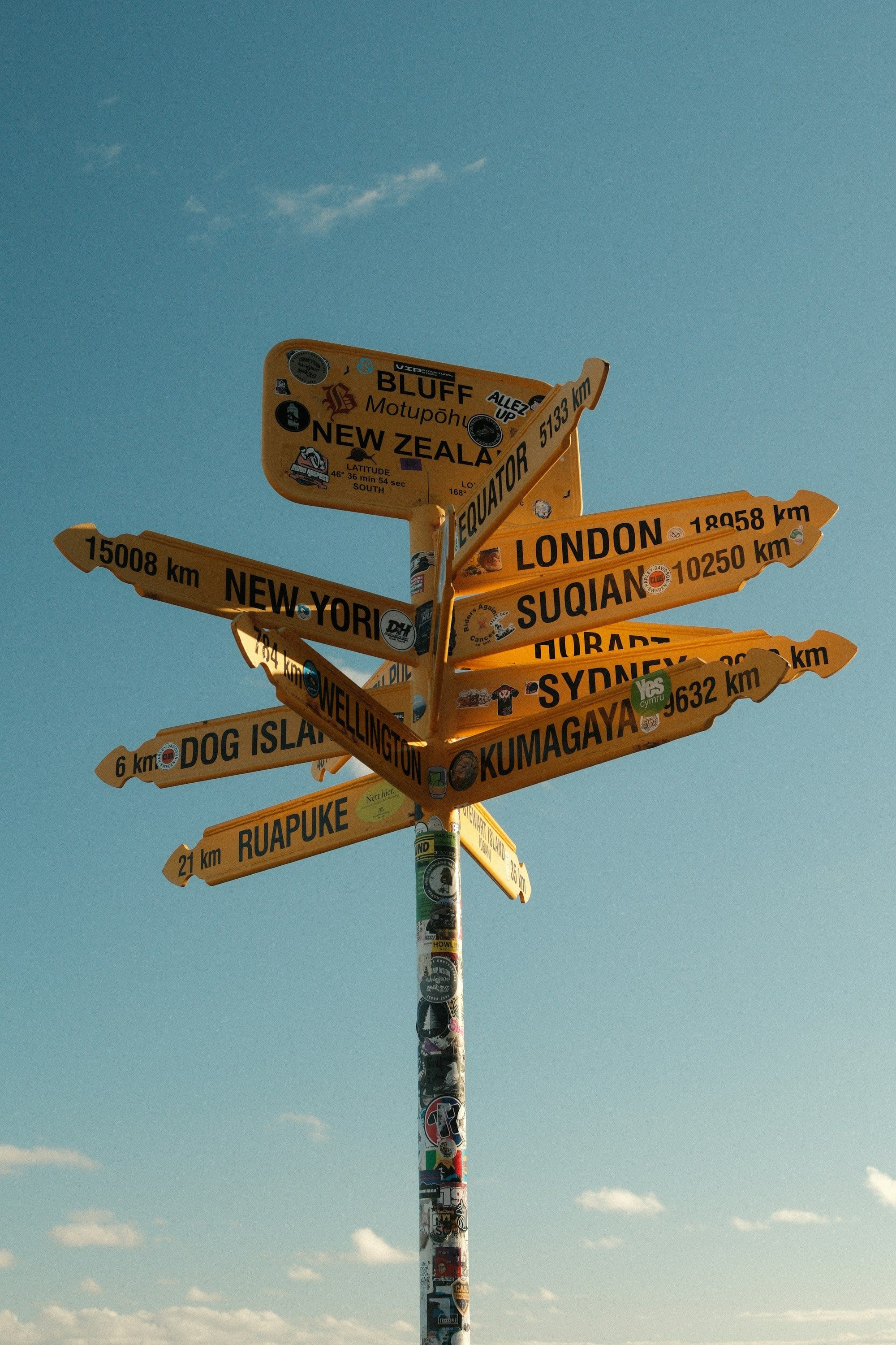 A yellow signpost pointing toward named destinations around the world