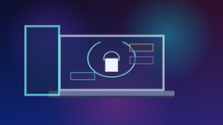 Abstract non-explicit phone and laptop privacy dashboard with a lock shield for shared-device adult creator subscription safety.