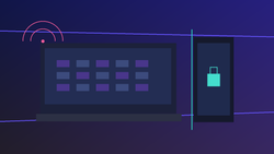 Neon editorial illustration of a phone, laptop, Wi-Fi symbol, and lock for adult-platform public Wi-Fi privacy.