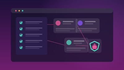 Abstract privacy dashboard with creator profile cards, checkmarks, and a lock icon in neon editorial style.