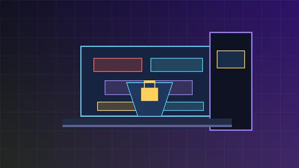 Non-explicit cybersecurity illustration with a laptop, phone, shield, and warning cards for adult creator phishing link safety